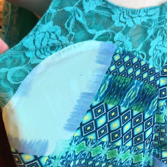 GlamDoll sz Med. Tent sundress teal, blue, green, and yellow/lace panels/lined - Picture 9 of 13
